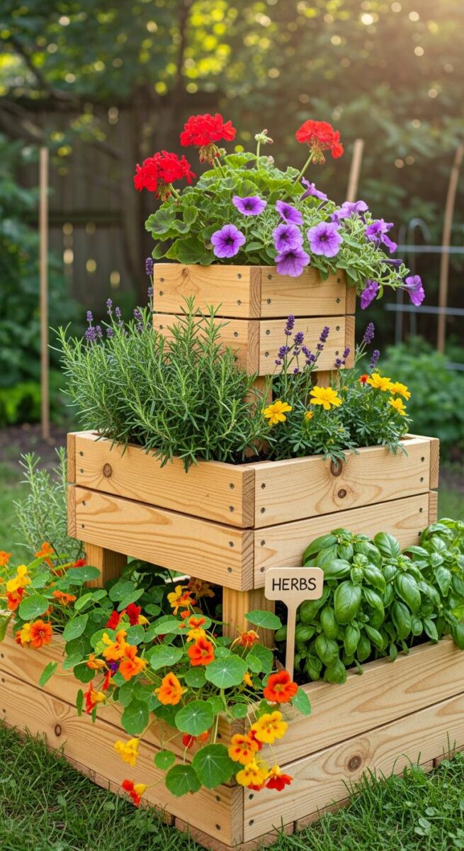 Three-tier wooden planter with red geraniums, purple petunias, rosemary, lavender, basil, nasturtiums, and yellow flowers