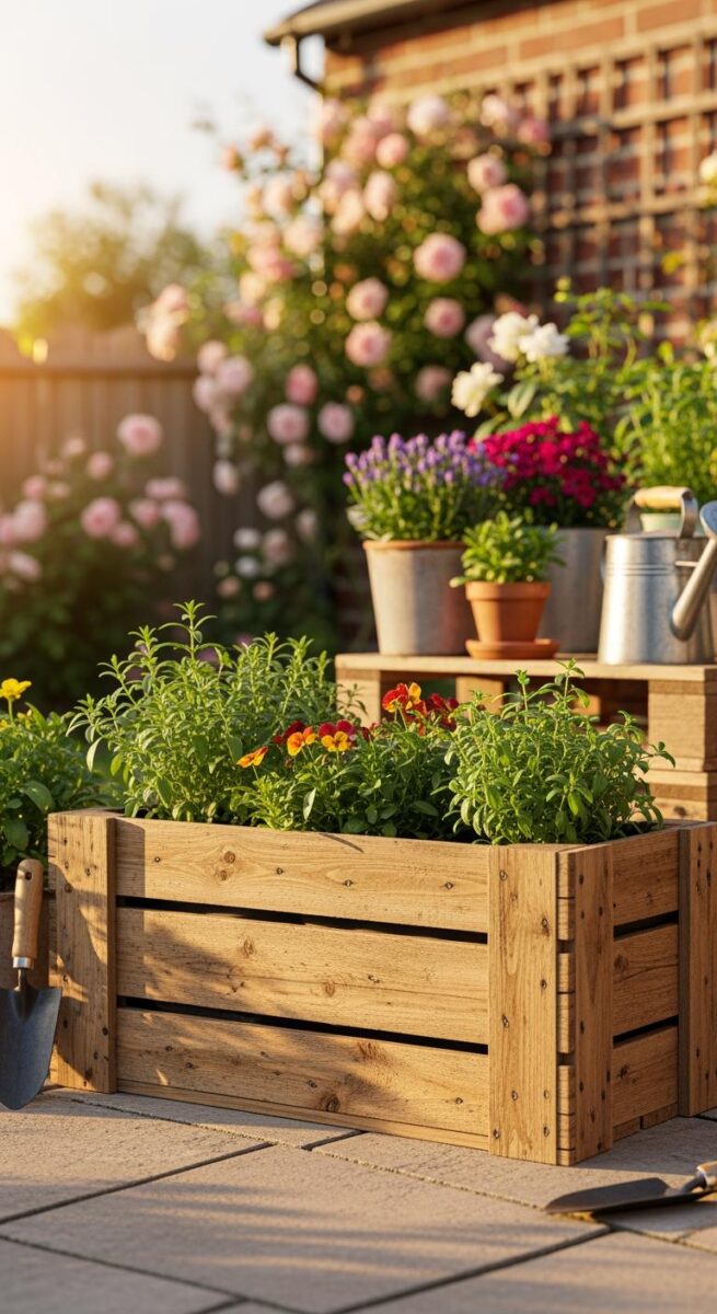 Wooden crate planter filled with colorful pansies and herbs on a patio surrounded by potted flowers and a watering can