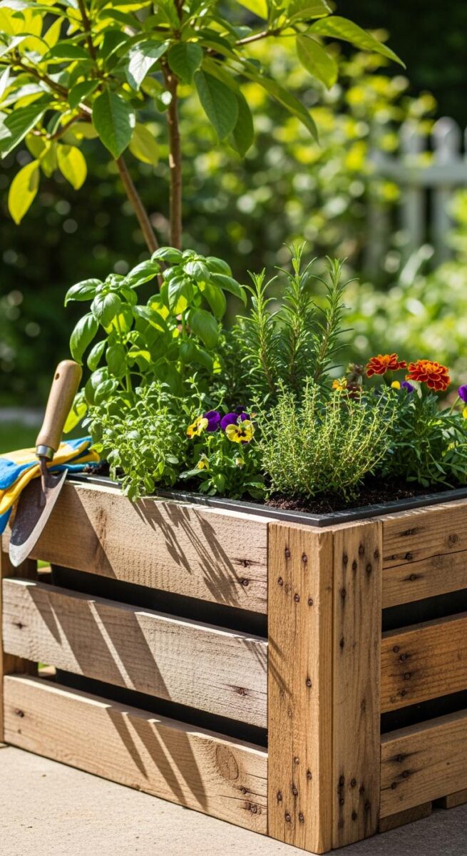 Rustic wooden planter box filled with basil, rosemary, thyme, pansies, and marigolds on a sunny patio