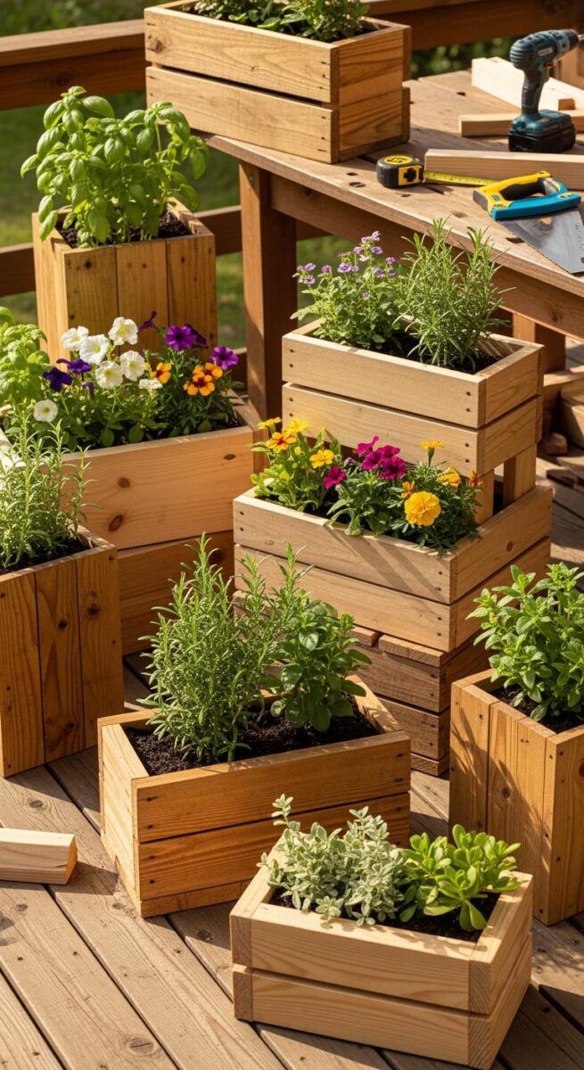 Multiple DIY wooden planter boxes filled with colorful flowers and herbs arranged on a sunny outdoor deck