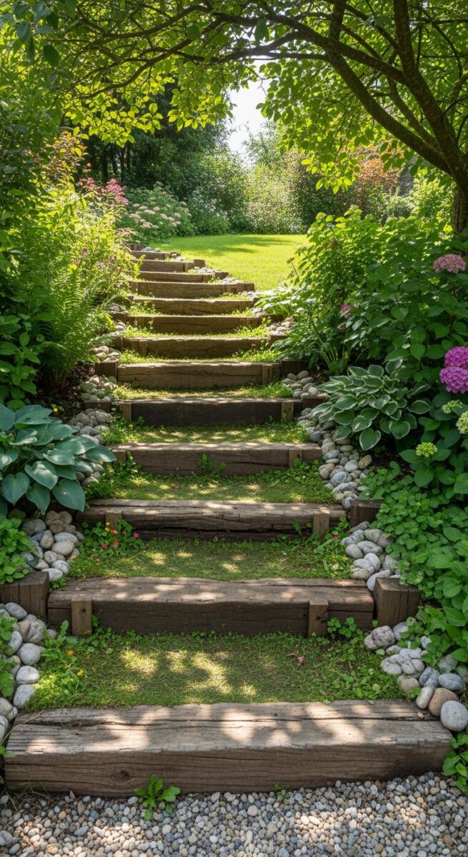 Rustic wooden railway tie garden steps bordered by river rocks, hostas, and hydrangeas leading to green lawn
