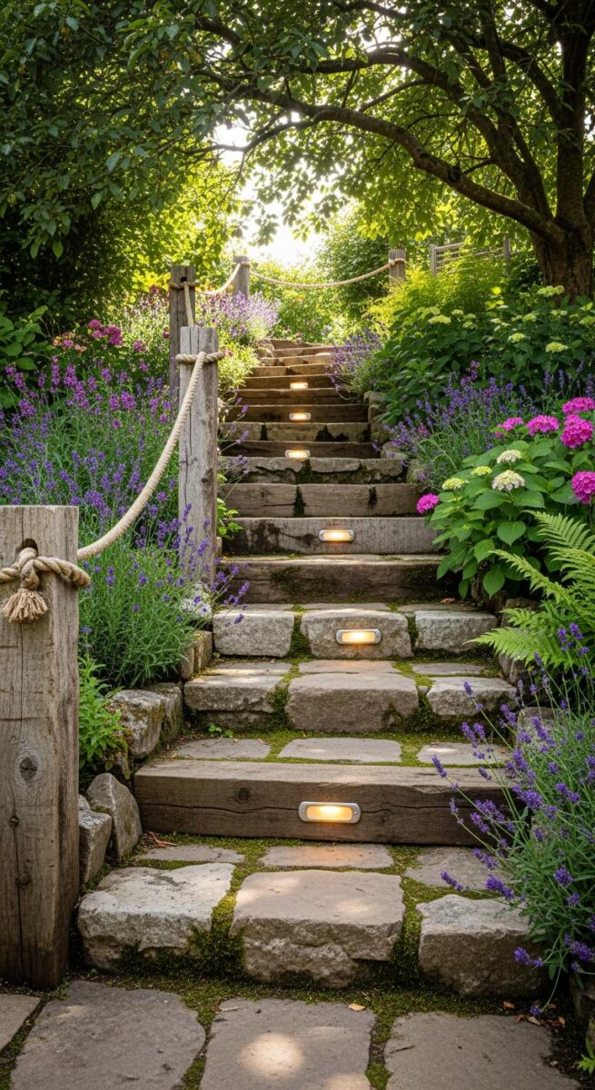 Rustic stone and wood garden staircase with glowing step lights surrounded by lavender and hydrangeas
