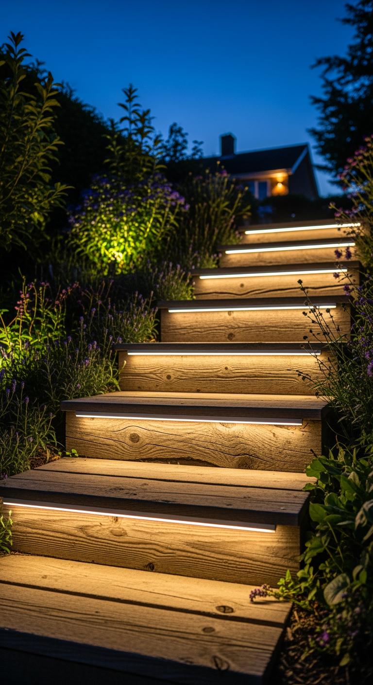 Wooden outdoor garden stairs with warm LED strip lighting under each step at night, surrounded by flowering plants