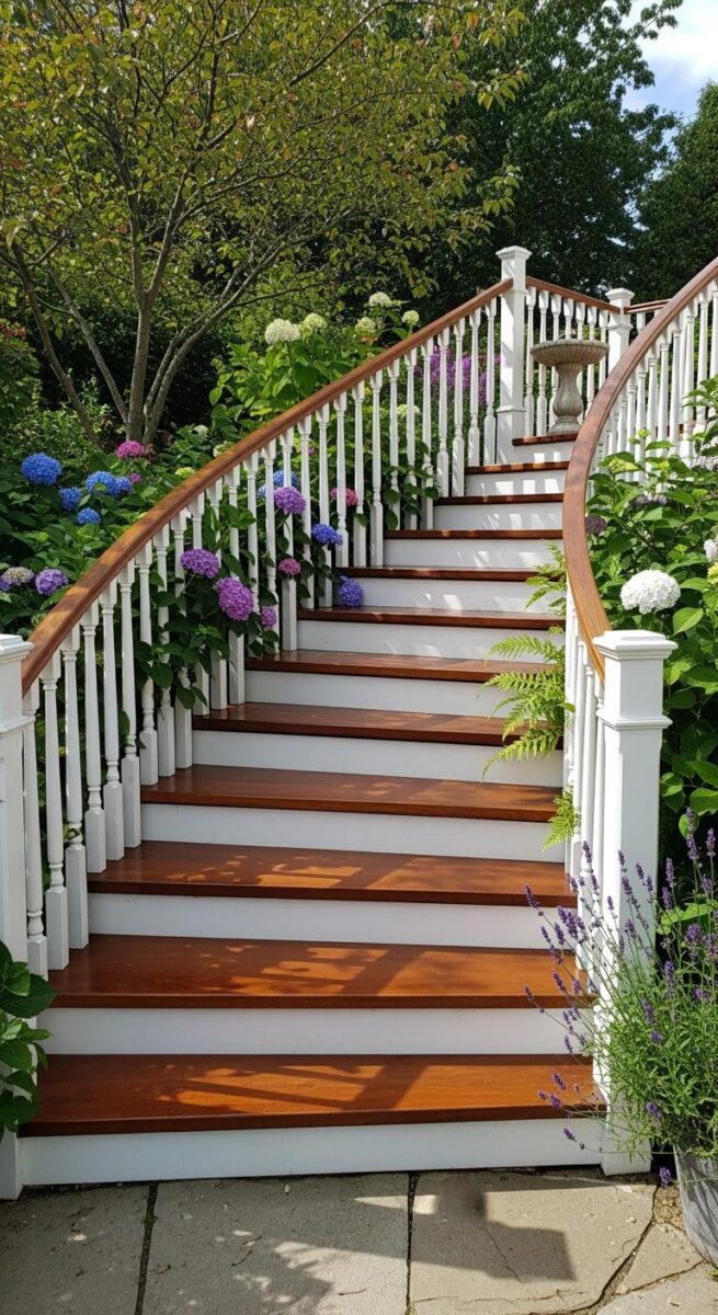 Curved outdoor wooden staircase with white baluster railings surrounded by colorful hydrangeas and lavender in a lush garden