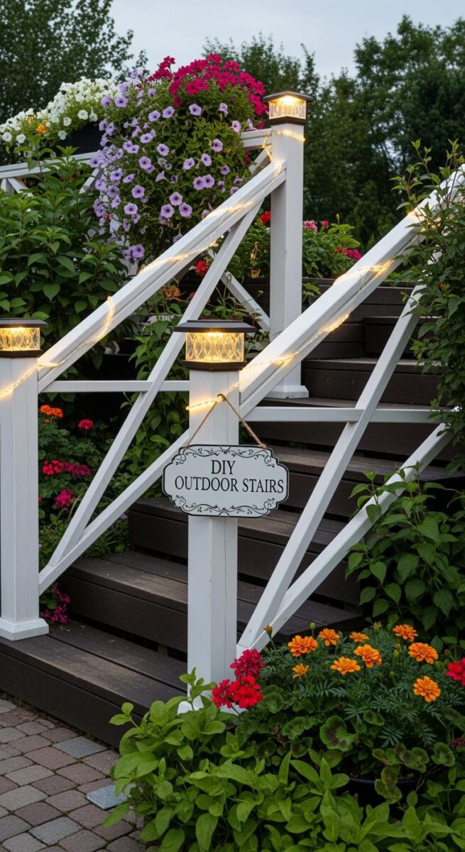 DIY outdoor stairs with white X-pattern railings, solar post lights, string lights, and colorful flower gardens