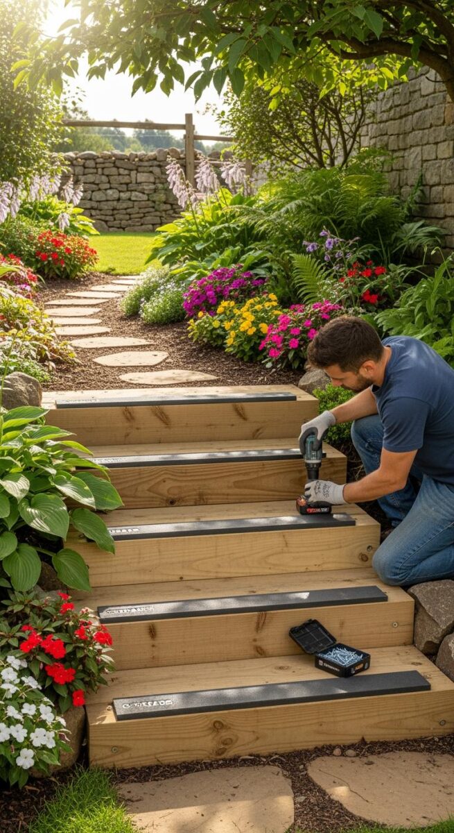 Man using power drill to install black non-slip stair treads on wooden outdoor garden steps surrounded by colorful flowers