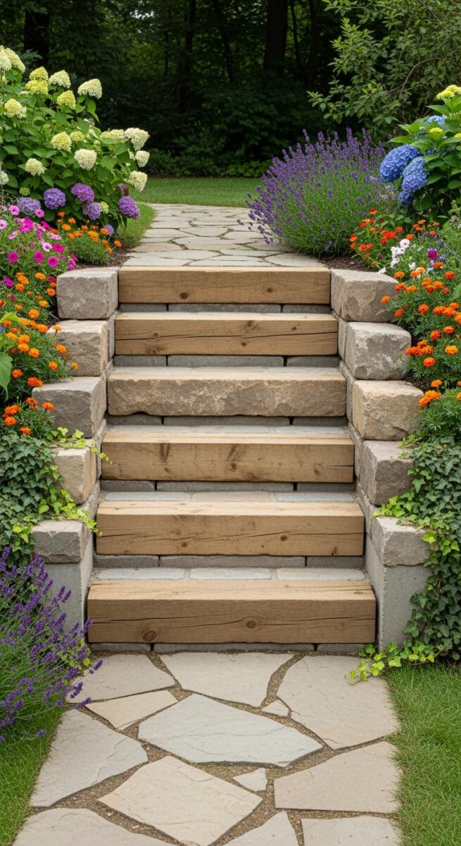Rustic garden steps made of wooden beams and stone blocks flanked by colorful flowers and a flagstone path