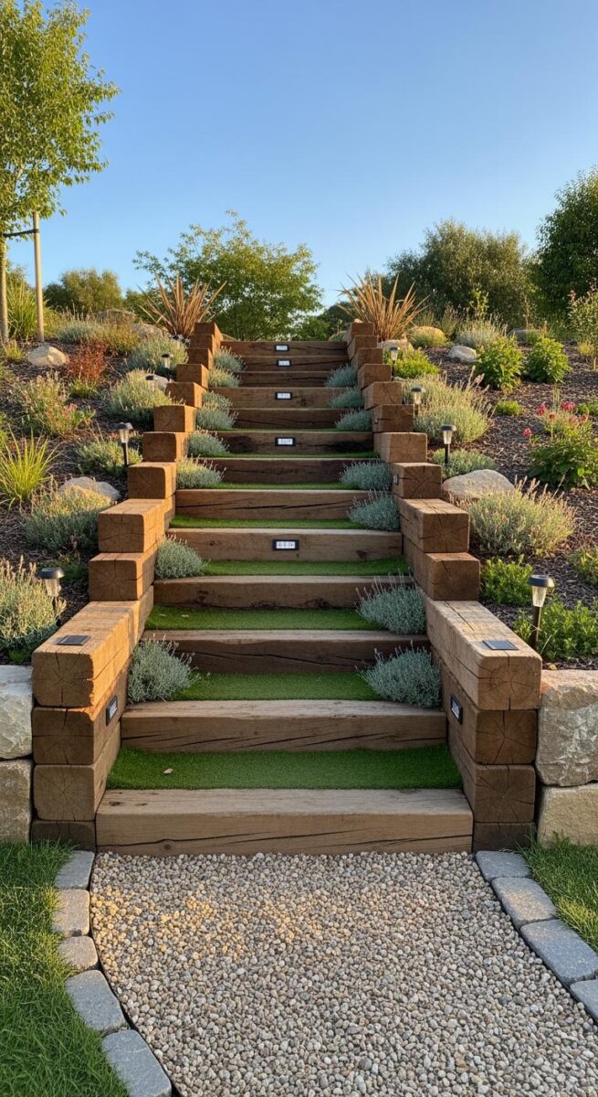 Rustic wooden railway sleeper garden steps with grass treads, solar lights, and lavender plants on a landscaped hillside