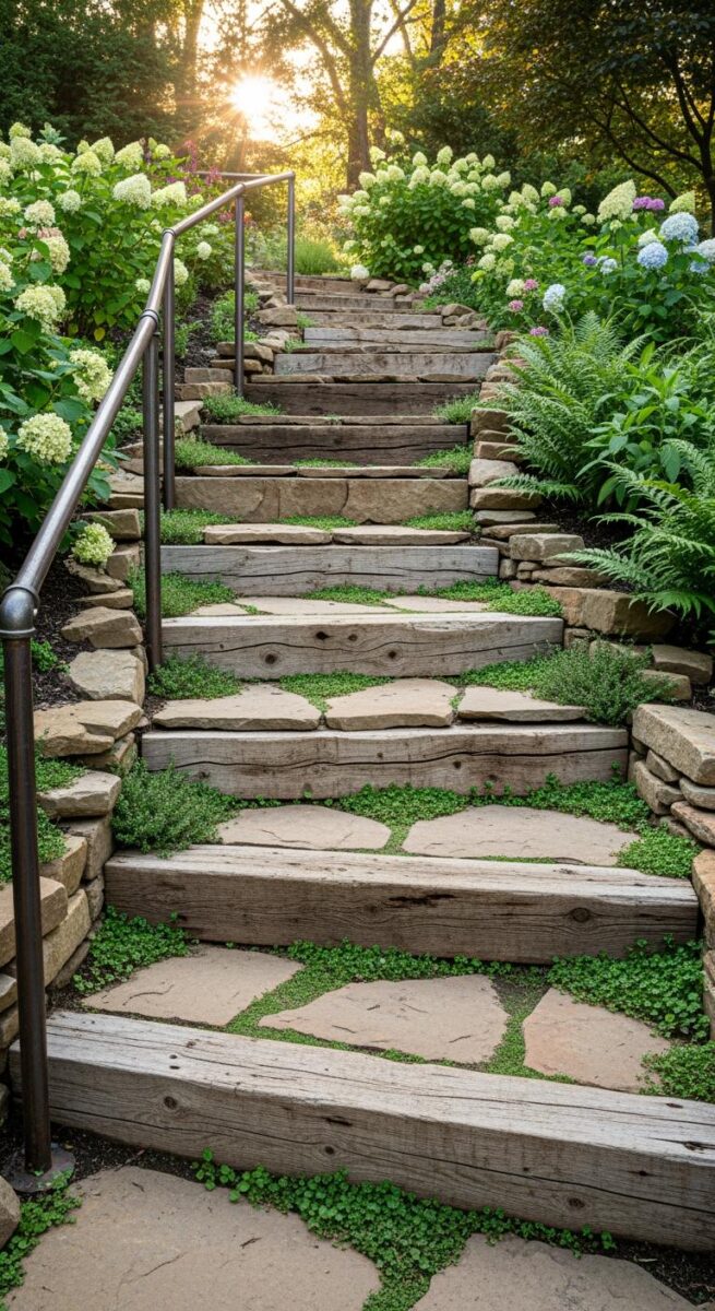 Rustic garden staircase with weathered wood beam risers, flagstone treads, and creeping thyme, bordered by hydrangeas