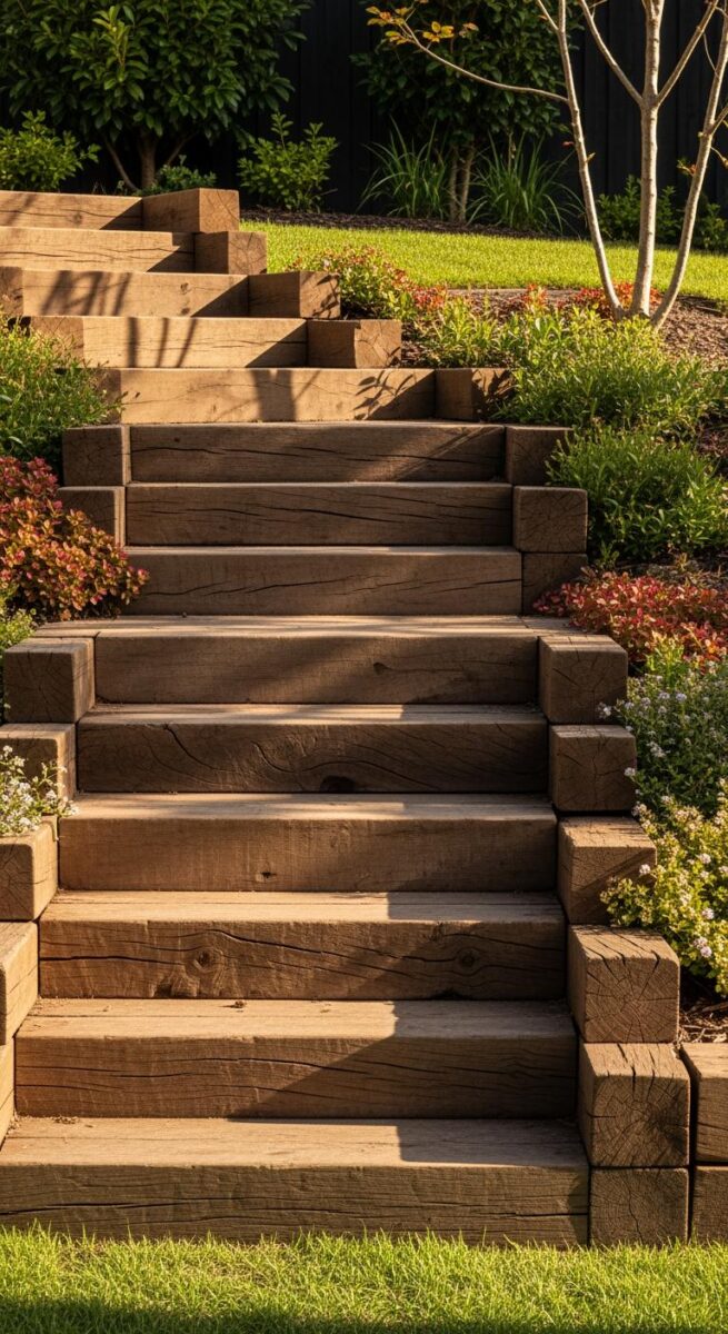 Rustic wooden timber sleeper garden steps leading up a landscaped slope with colorful shrubs and green lawn