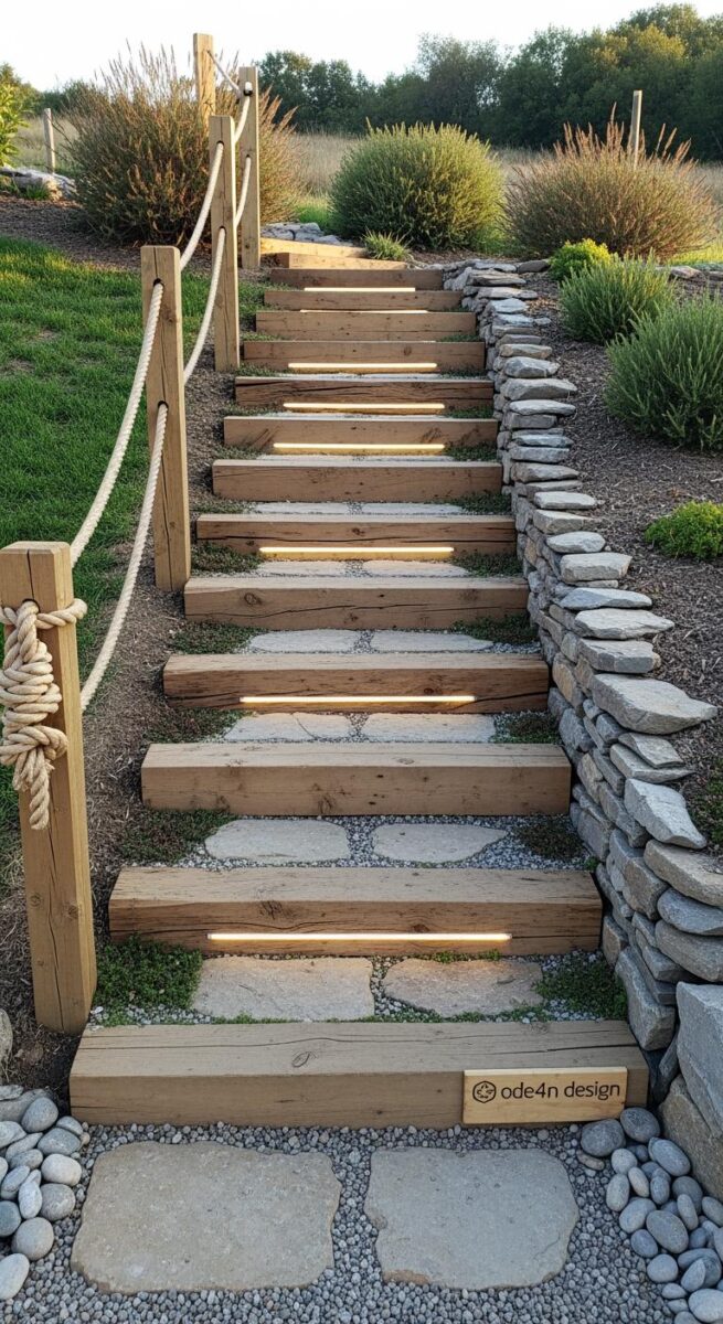 Outdoor garden stairs with illuminated wooden beam risers, stone treads, rope railing, and dry-stacked stone wall border