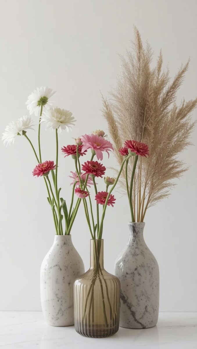 Three decorative vases with white daisies, pink gerberas, and pampas grass on a white surface