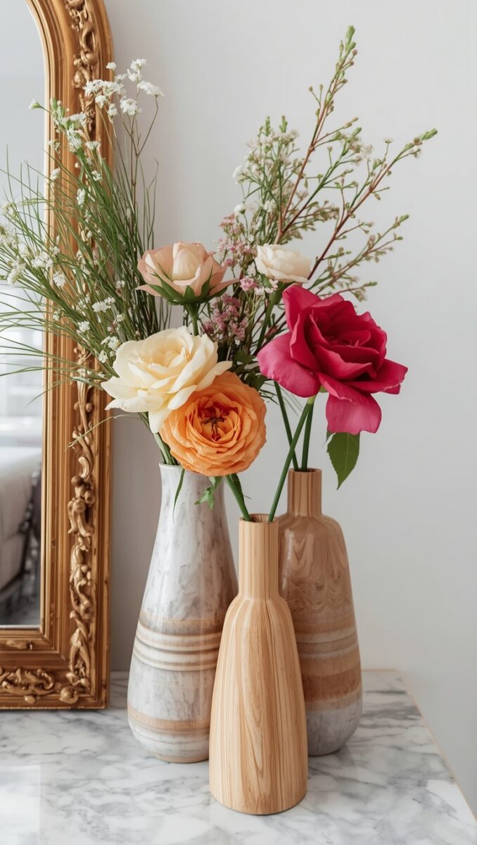 Three decorative vases with colorful roses and wildflowers on a marble surface beside a gold ornate mirror