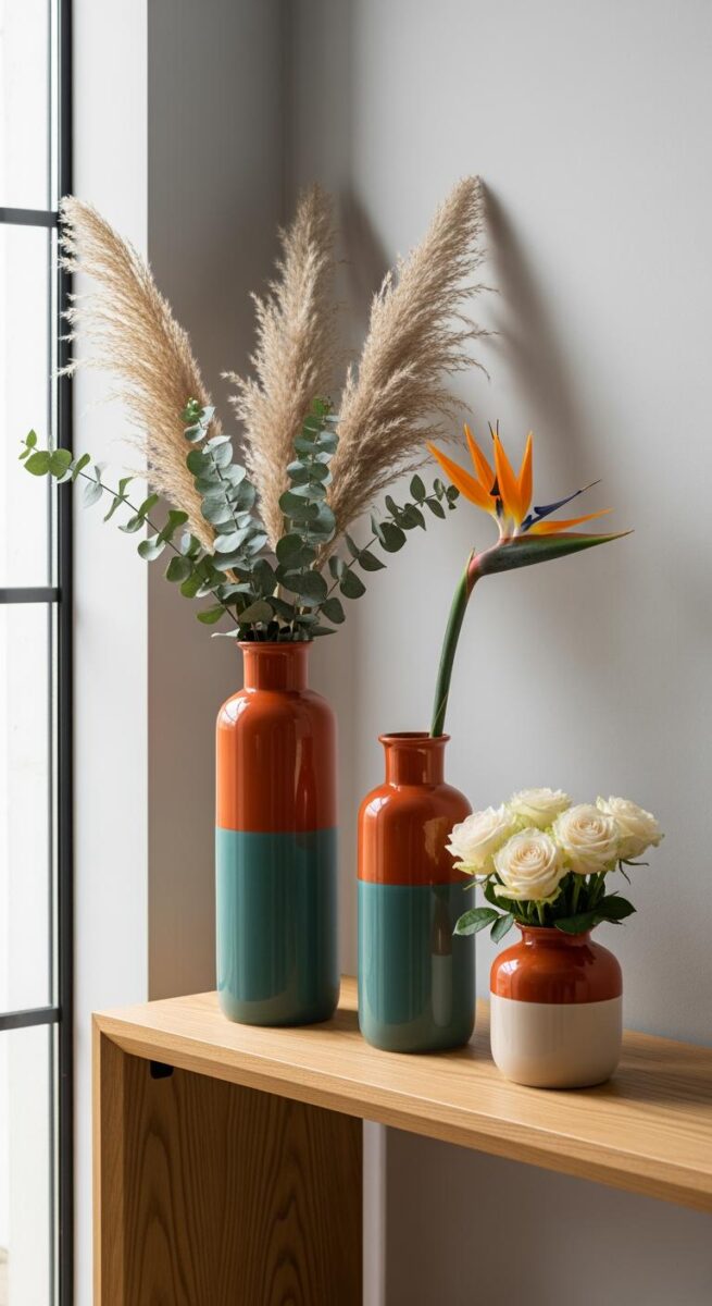 Three two-tone orange and teal ceramic vases on wooden shelf with pampas grass, bird of paradise, and white roses