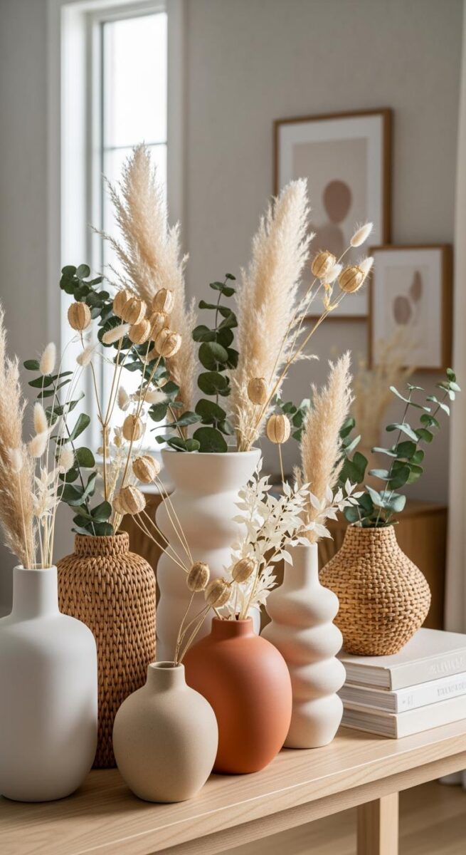 Collection of boho vases with pampas grass, dried eucalyptus, and cotton stems on a wooden table