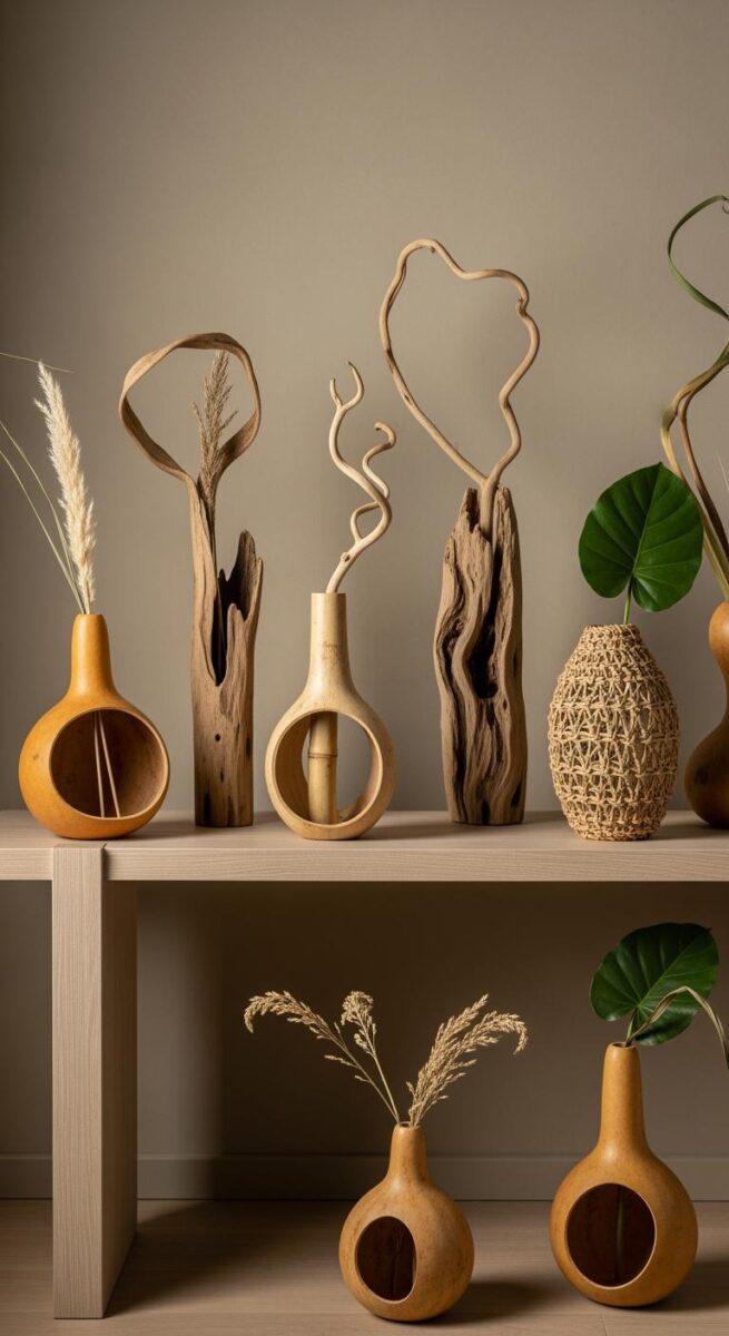 Collection of natural artisan vases including gourd, driftwood, woven rattan, and bamboo vessels with dried grasses and tropical leaves