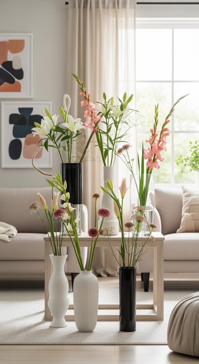 Multiple white and black vases with lilies, gladiolus, and allium flowers arranged on a wooden console table in a modern living room