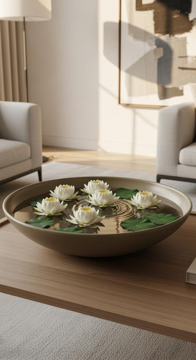 White lotus flowers and lily pads floating in a large ceramic bowl on a wooden coffee table in a modern living room