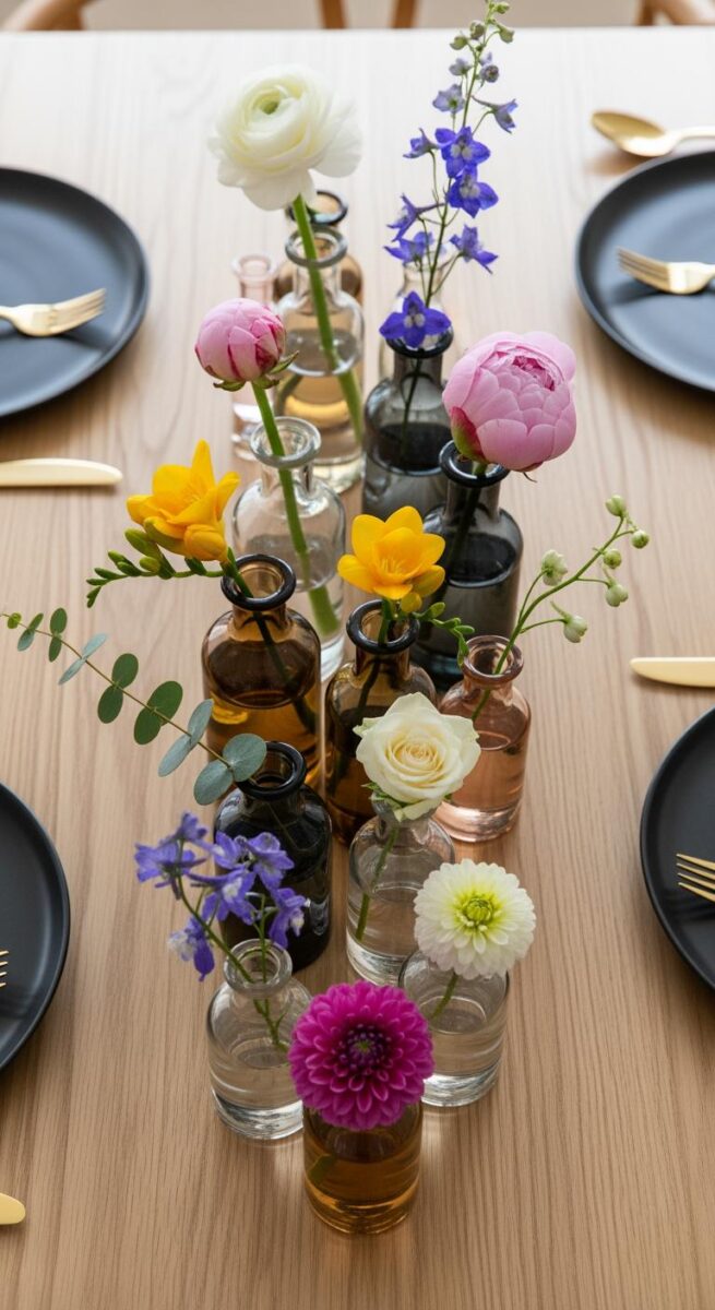 Colorful bud vase centerpiece with mixed flowers in assorted glass bottles on a wooden dining table