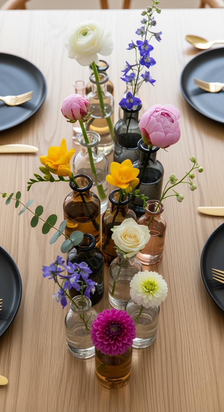 Colorful bud vase centerpiece with mixed flowers in assorted glass bottles on a wooden dining table