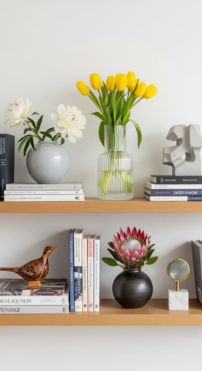 Styled wooden bookshelves with yellow tulips, white peonies, protea flower, books, bird figurine, and decorative objects