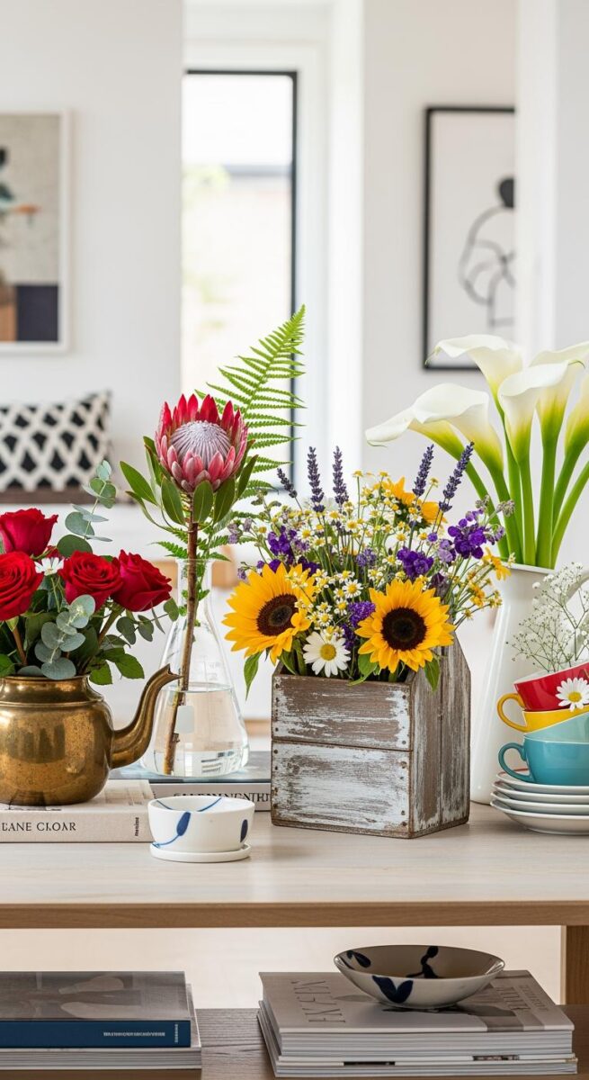 Colorful floral arrangements in vintage containers on a white table, featuring sunflowers, roses, calla lilies, and protea