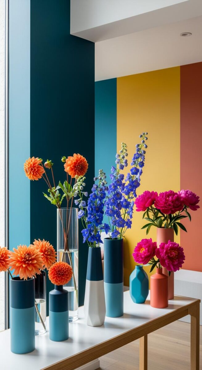 Colorful flower arrangement with orange dahlias, blue delphiniums, and pink peonies in modern vases on a white table