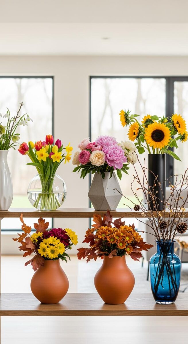 Seven colorful flower vases on two wooden shelves featuring tulips, sunflowers, peonies, chrysanthemums, and autumn branches in various vase styles