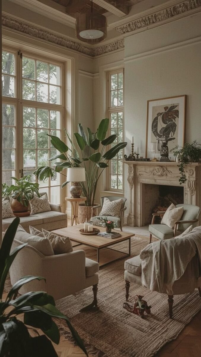 Elegant living room with ornate fireplace, large houseplants, neutral sofas, wood coffee table, and tall French windows