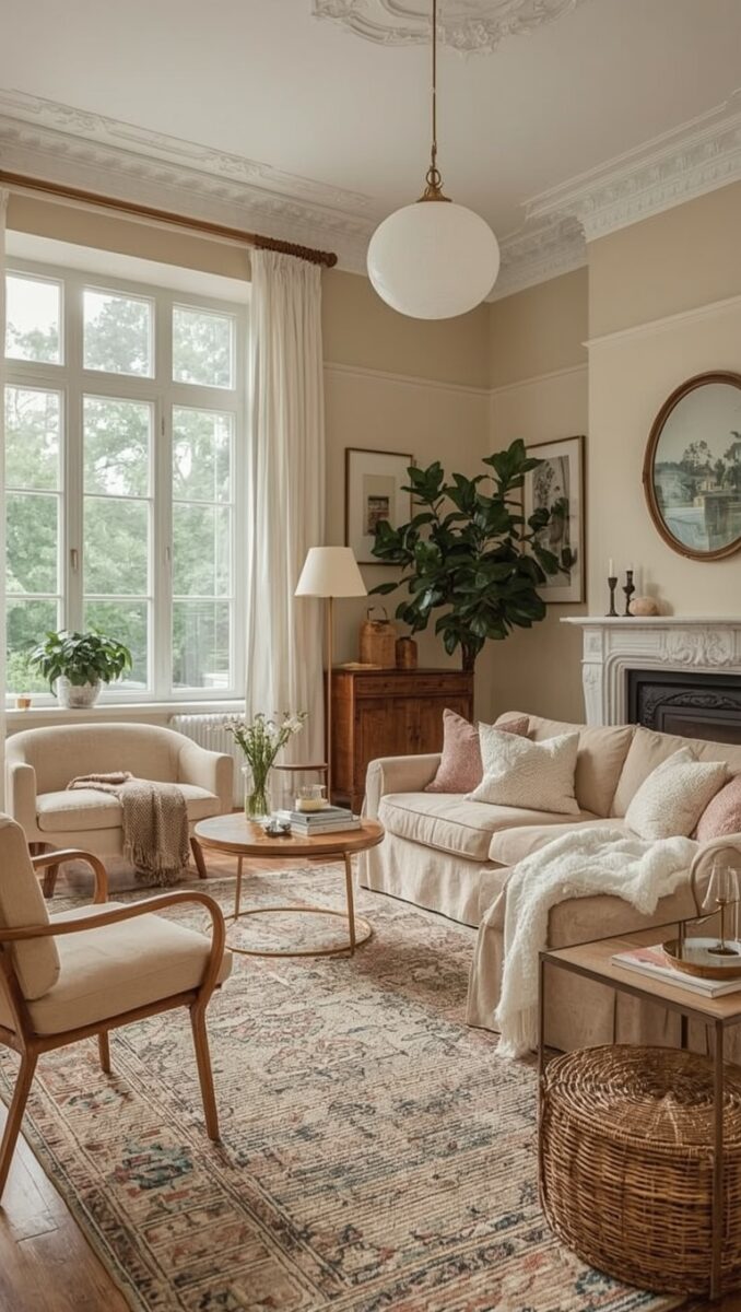 Elegant cream living room with slipcovered sofa, wooden chairs, patterned rug, fireplace, and large fiddle leaf fig plant