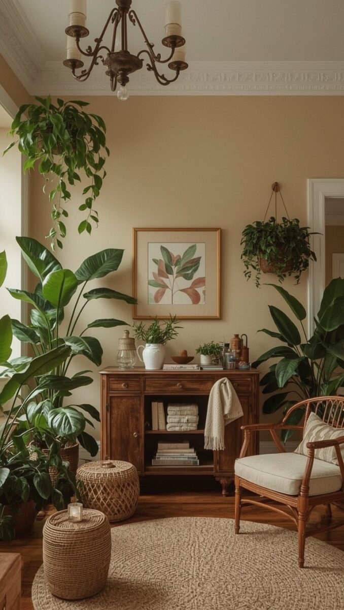 Cozy bohemian living room with large tropical plants, wooden cabinet, rattan chair, wicker baskets, and botanical wall art