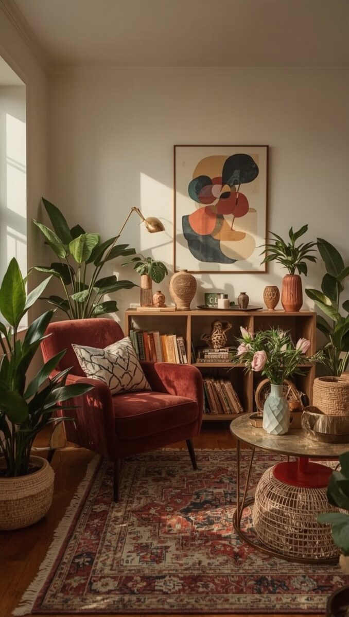 Bohemian living room with red velvet armchair, indoor plants, wooden bookshelf, Persian rug, and abstract wall art