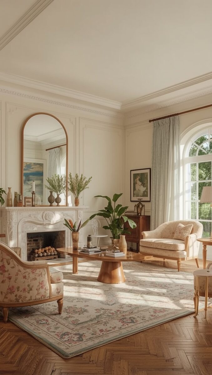 Elegant French-style living room with floral armchairs, marble fireplace, herringbone wood floors, and arched window