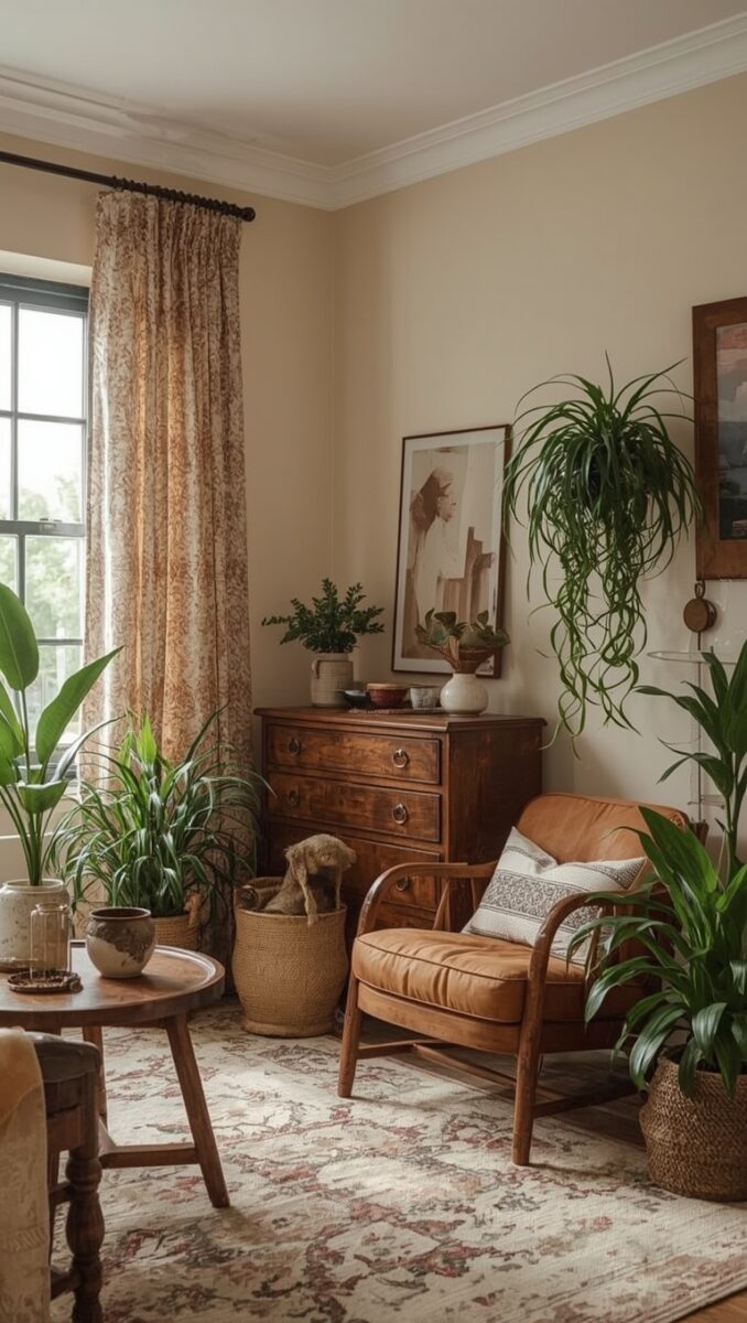 Cozy bohemian living room corner with leather armchair, wooden dresser, trailing houseplants, and floral curtains