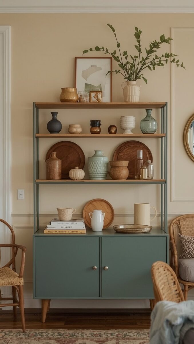 Sage green mid-century modern shelving unit with ceramic vases, wooden trays, and decorative objects in a warm living room