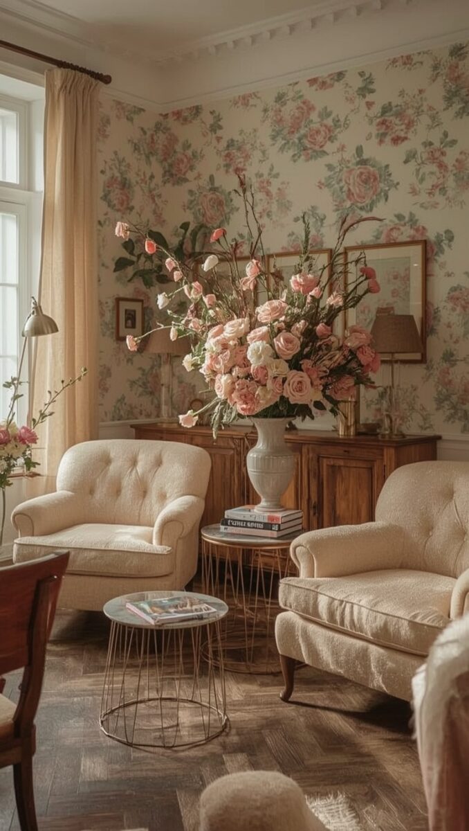 Romantic vintage living room with floral wallpaper, cream tufted armchairs, and large pink rose bouquet in white vase