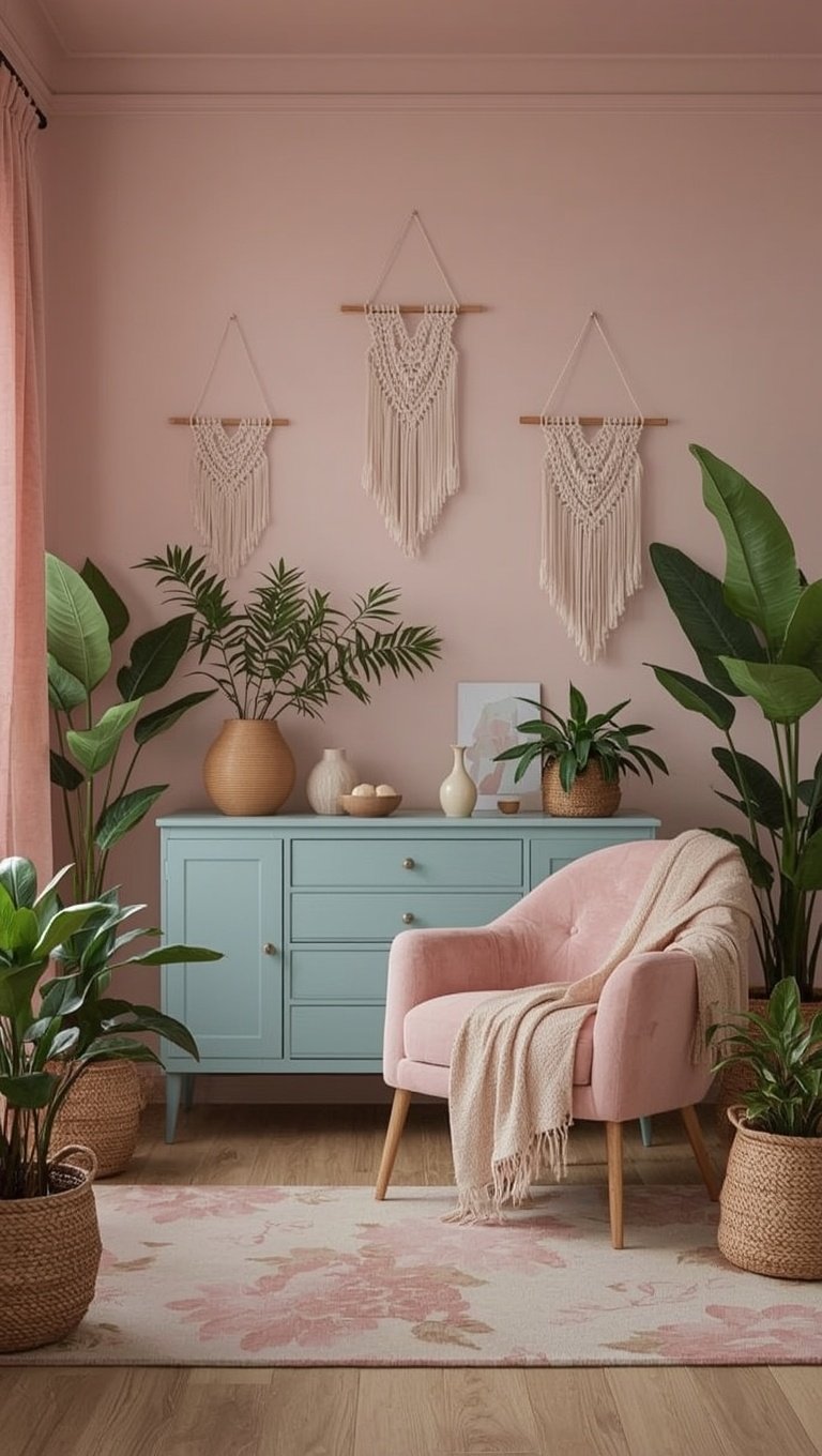 Boho living room with pink velvet chair, teal sideboard, macrame wall hangings, and tropical plants
