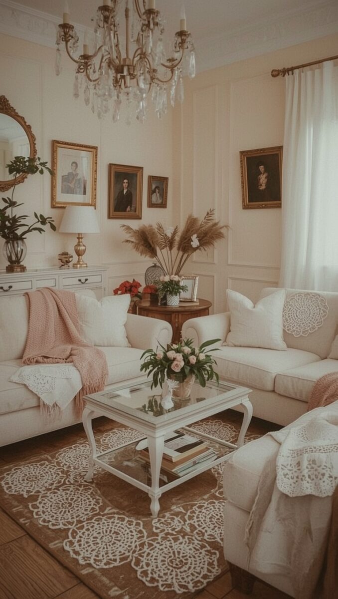 Elegant vintage living room with cream sofas, crystal chandelier, gold-framed portraits, glass coffee table, and lace rug