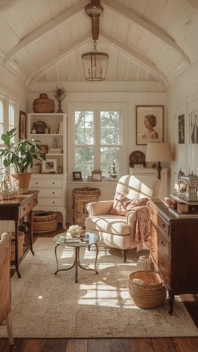 Cozy cottage-style sitting room with vaulted white ceiling, cream armchair, wicker baskets, and warm sunlight streaming through windows