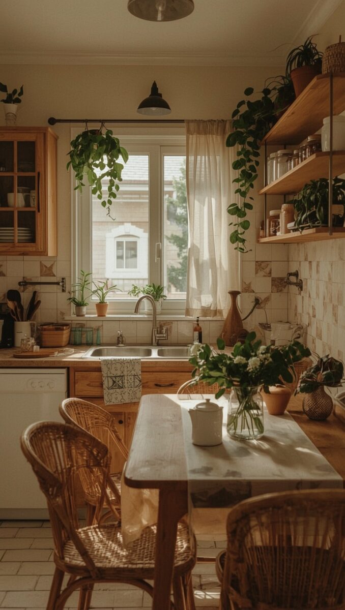 Cozy bohemian kitchen with wooden shelves, hanging plants, rattan chairs, and natural light through sheer curtains