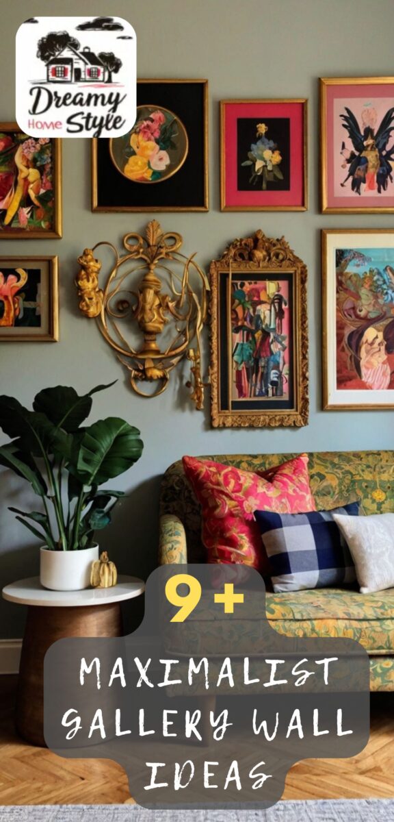 Maximalist gallery wall with colorful framed art, ornate gold frames, green floral sofa, and decorative gold sconce