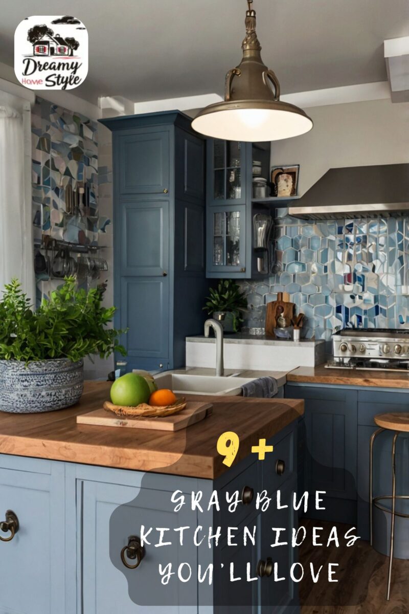 Gray-blue kitchen with butcher block countertops, mosaic tile backsplash, and brass pendant light