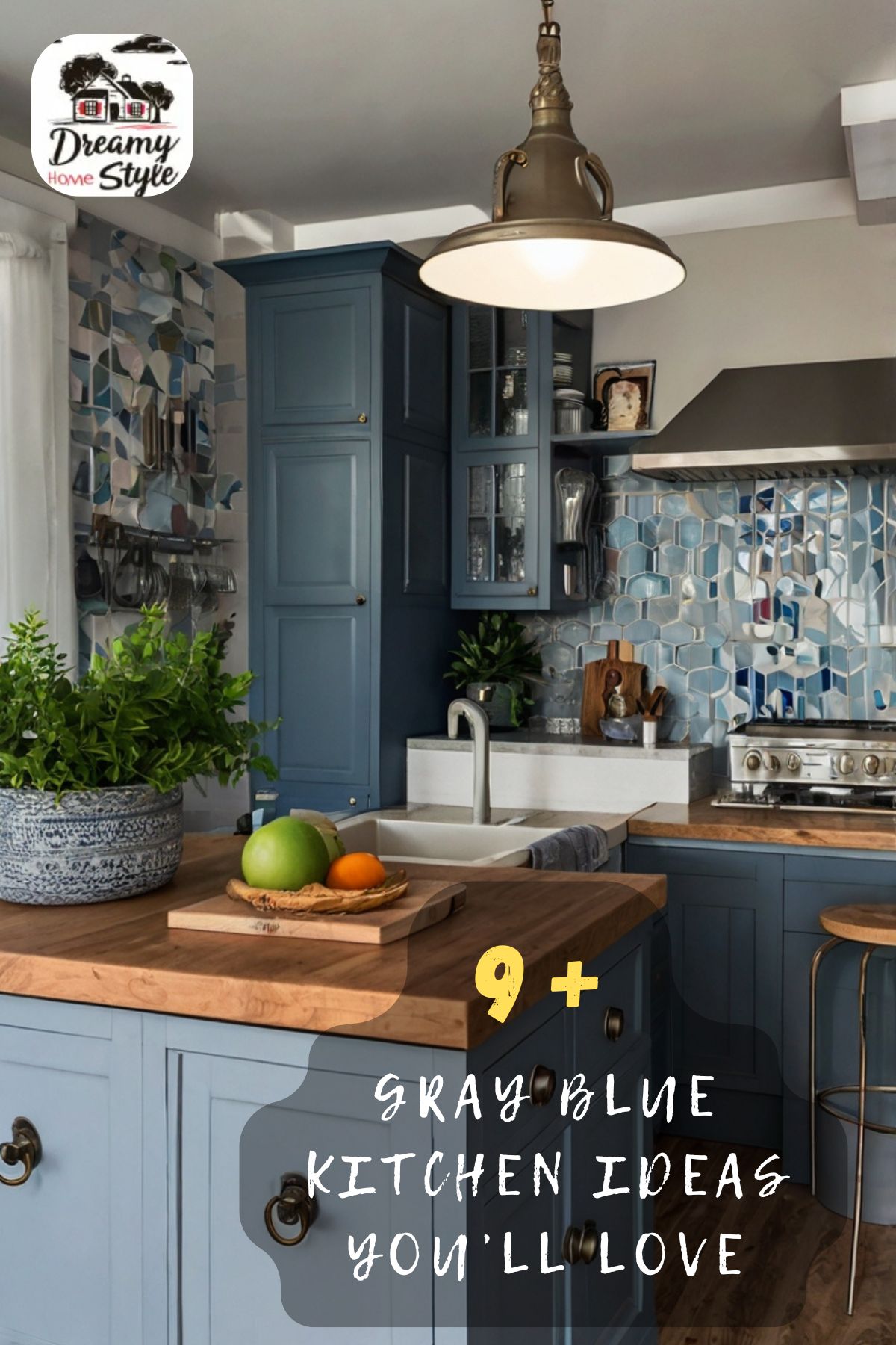 Gray-blue kitchen with butcher block countertops, mosaic tile backsplash, and brass pendant light