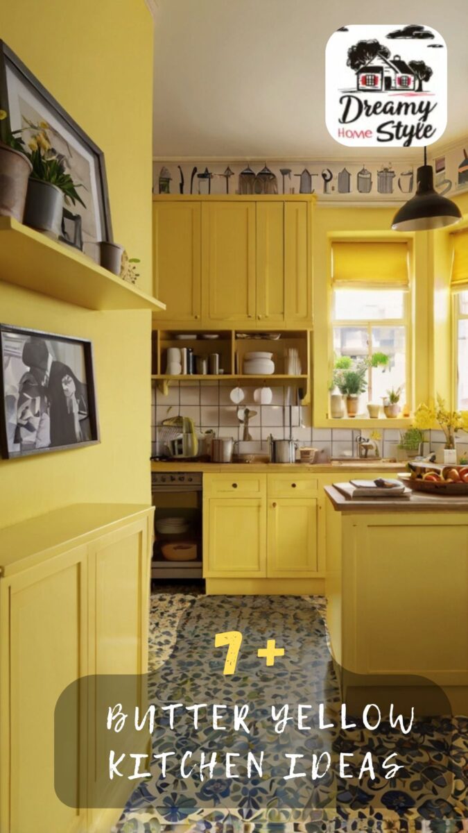 Bright butter yellow kitchen with matching cabinets, walls, open shelving, patterned tile floor, and window plants