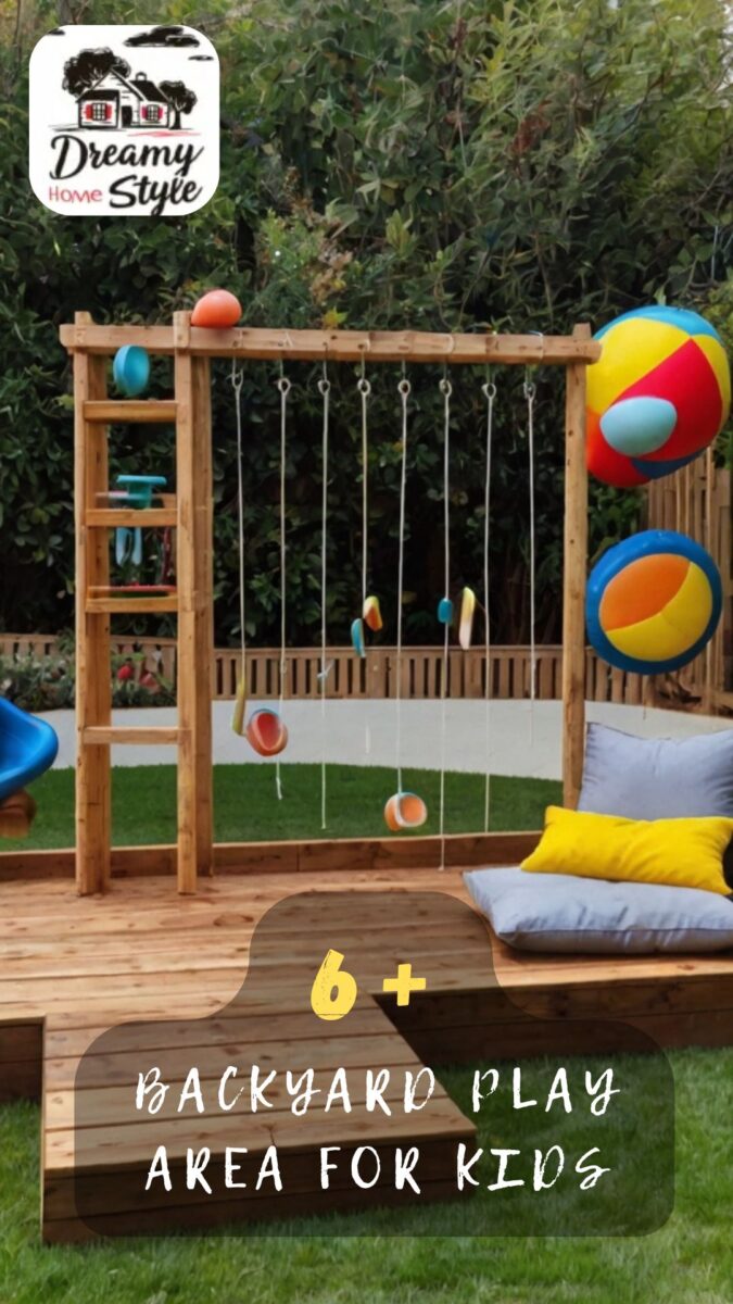 DIY wooden backyard play area for kids with hanging toys, ladder, slide, and colorful beach balls on a deck