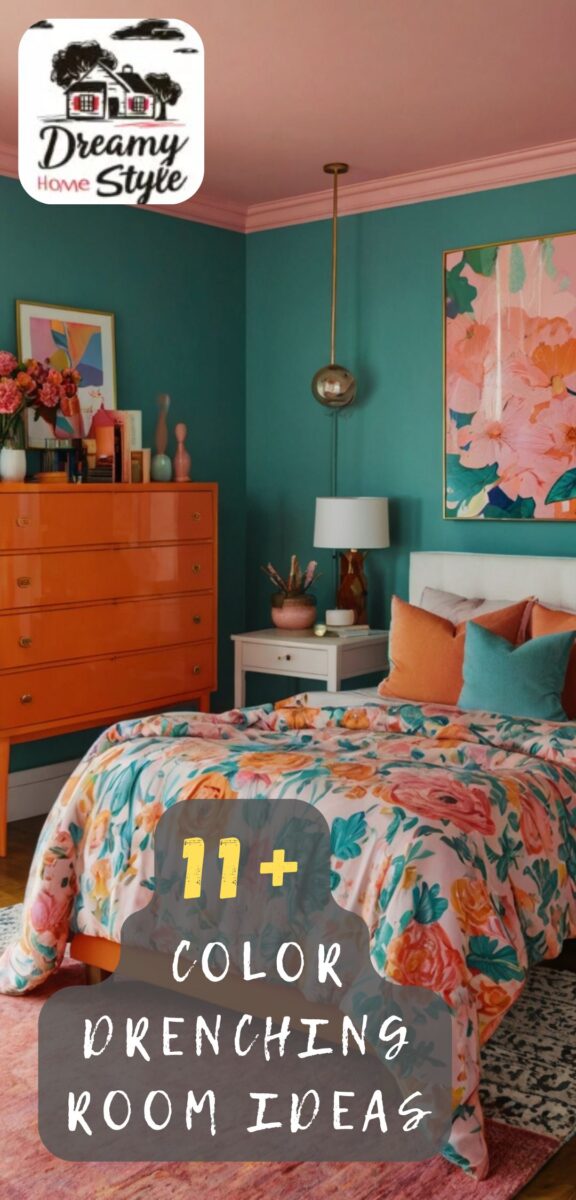 Color drenched bedroom with teal walls, pink ceiling, orange dresser, floral bedding, and bold artwork
