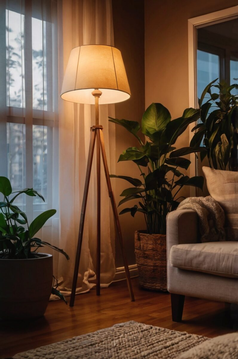 Warm tripod floor lamp with beige shade glowing in cozy living room corner with indoor plants and armchair