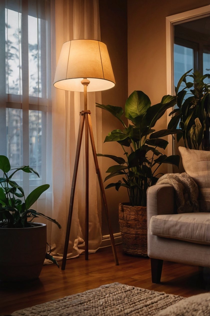 Warm tripod floor lamp with beige shade glowing in cozy living room corner with indoor plants and armchair
