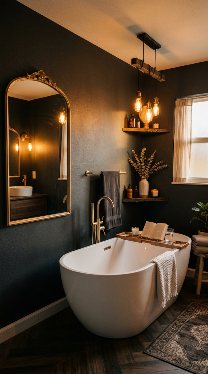 Moody dark bathroom with white freestanding soaking tub, gold ornate mirror, Edison bulb pendant lights, and wood shelves