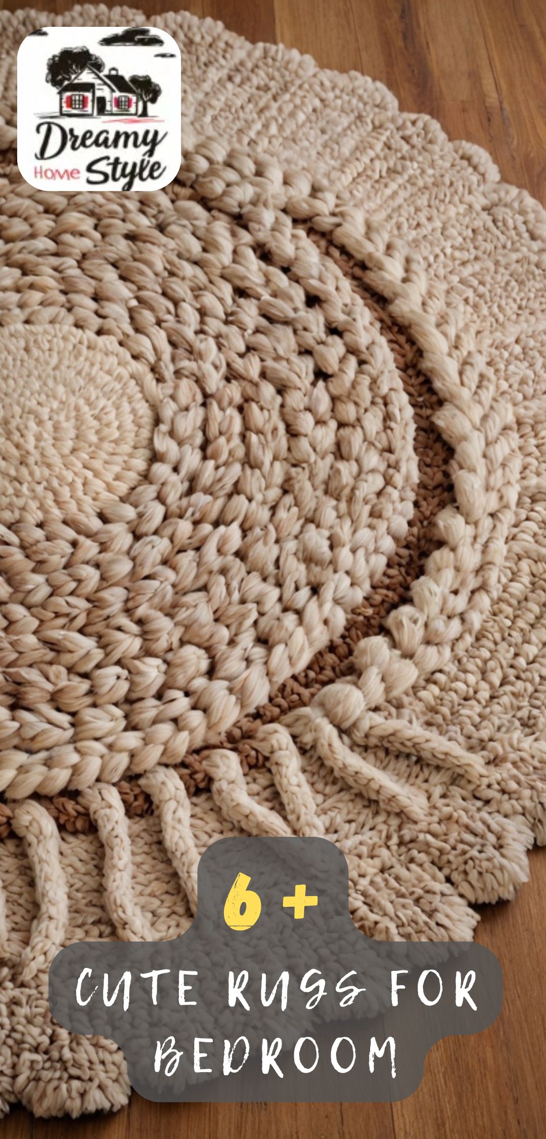 Chunky hand-crocheted round beige rug with rope border detail on hardwood floor